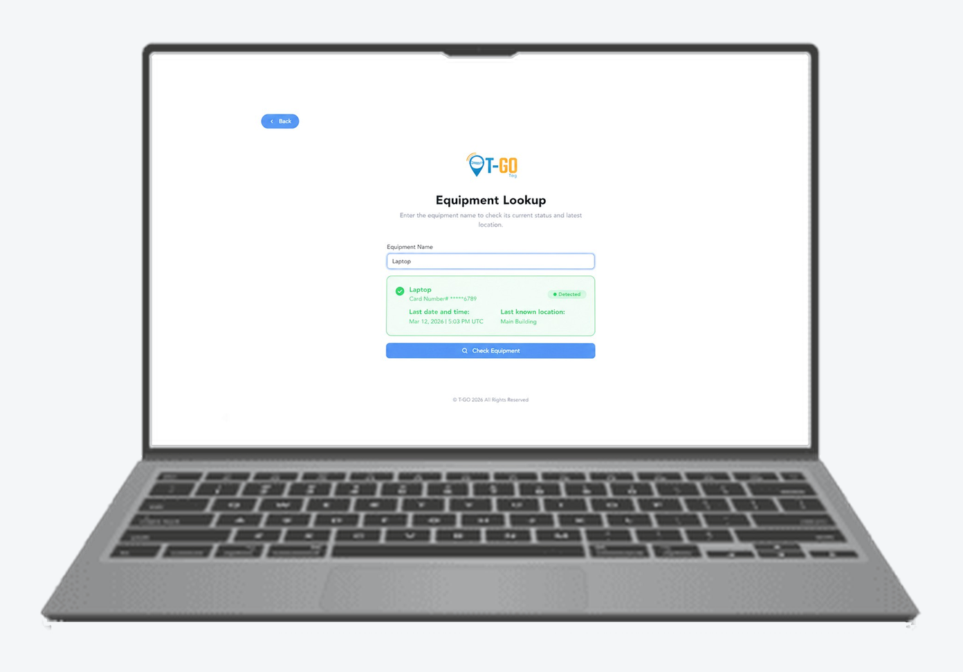 TGO Equipment Lookup on a laptop