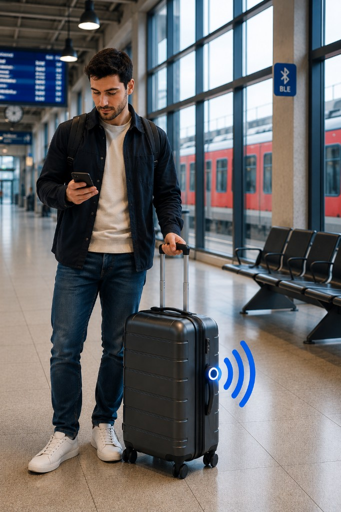 Traveler checking their phone next to a tracked suitcase in a transit hub